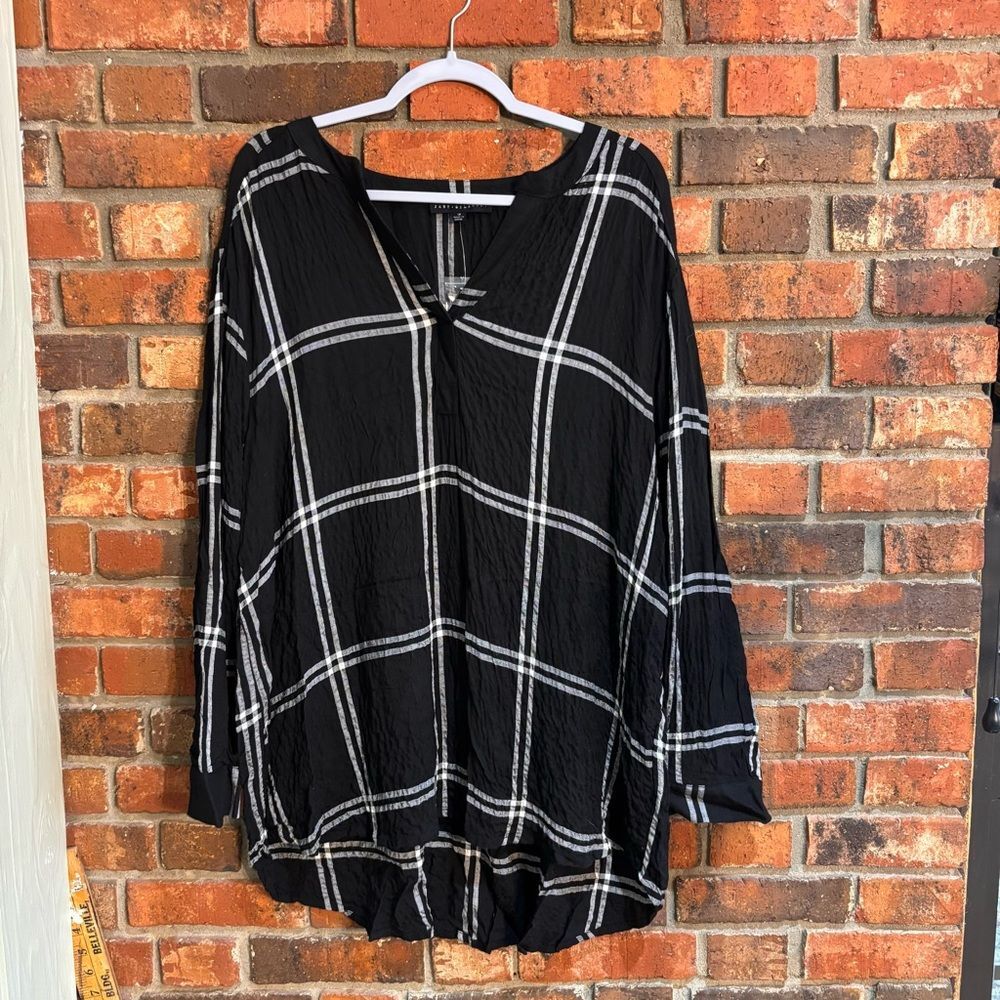 Jane & Delancey womens plaid long sleeve popover tunic top black/white 1X
